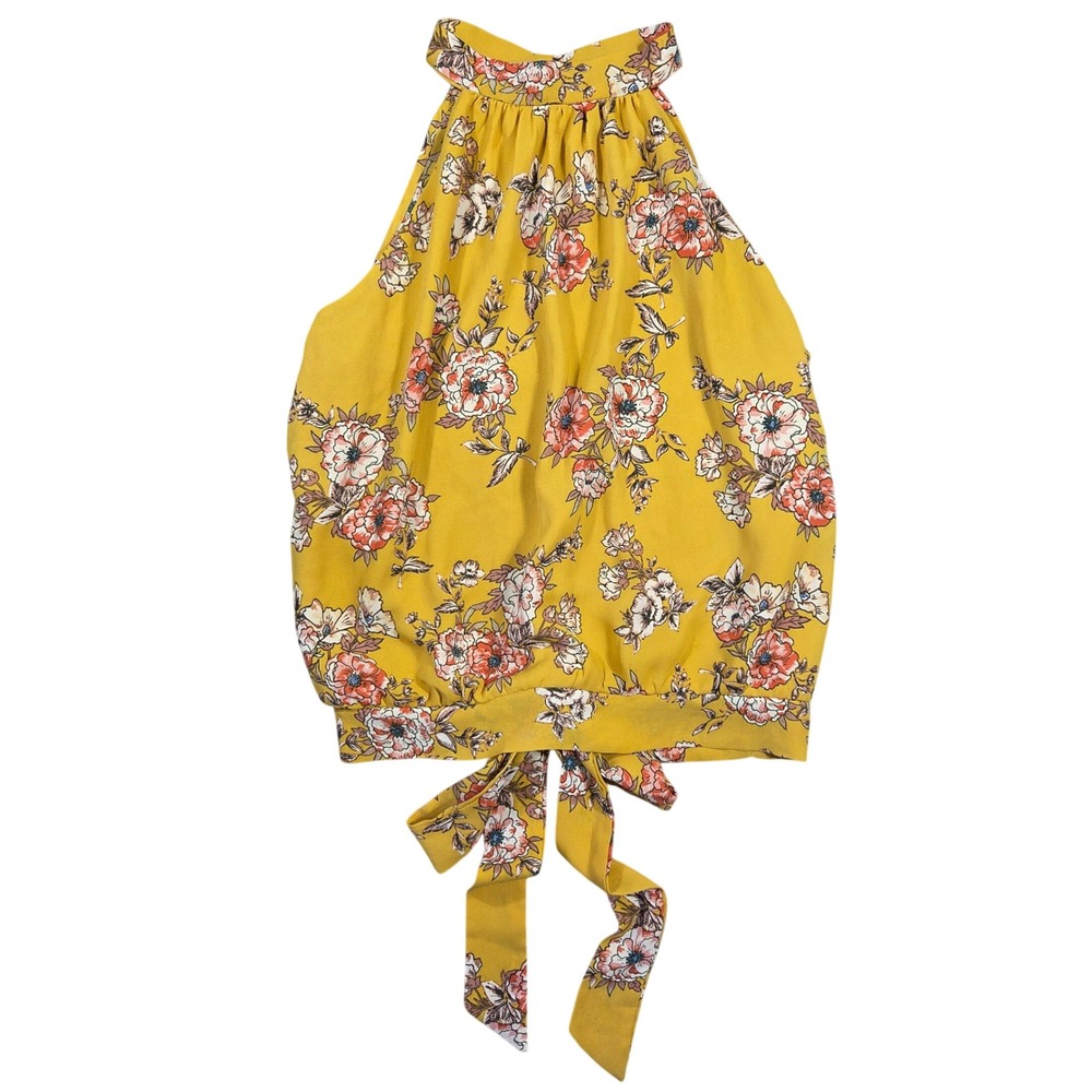 Miley Molly Yellow Floral Halter Neck Tie Back Blouse Women M Boho Preppy Spring